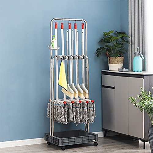 Broom Mop Holder Put Movable Hand Trucks Broom Holder,Movable Floor-Mounted Mop Rack Floor Standing Cleaning Tool Cart Storage,Broom and Mop Holder Put Wet Mops,
