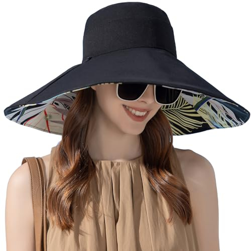 Chapeau Large Bord Femme Pliable Capeline Plage Chapeau Réversible Jardinage Randonnée Noir