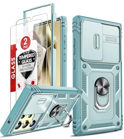 LeYi Hülle für Samsung Galaxy S24 Ultra Slide Handyhülle [2 Displayschutz Glas] Kamera Schutz Schutzhülle Metallständer Halterung Robust S 24 Ultra 5 G Case Cover Fallschutz Handy Hüllen Grün