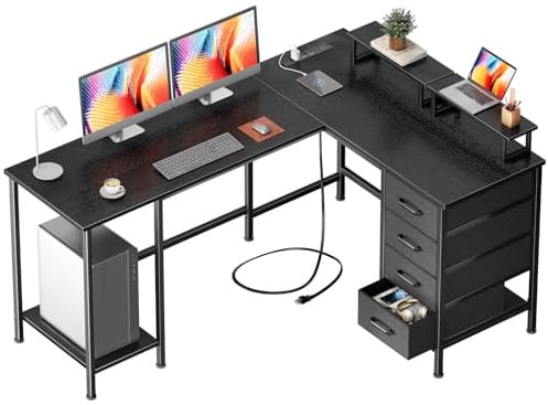 Korfile 59 inch L Shaped Computer Desk with Power Outlets, Black