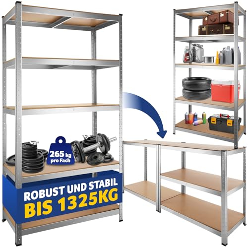 tectake® Werkstattregal, Schwerlastregal mit 5 Böden, belastbar bis 1325kg, Lagerregal, Kellerregal, Zubehör für Garage, Organizer für Abstellraum, Steckregal, für Aufbewahrung, Lastenregal