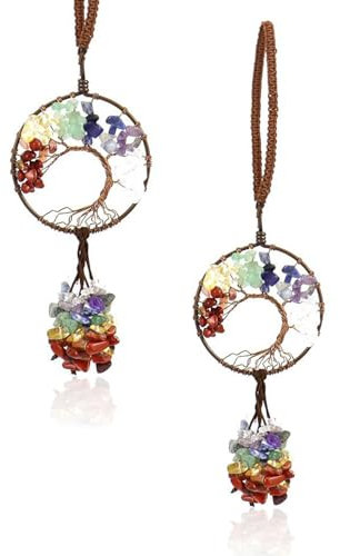 MQLSAERI Baum des Lebens, 7 Chakra Steine, hängende Verzierung für Auto Rückspiegel, Heilkristall Stein Anhänger, Auto Innenausstattung, Reiki, viel Glück, Meditation - Regenbogenfarbe