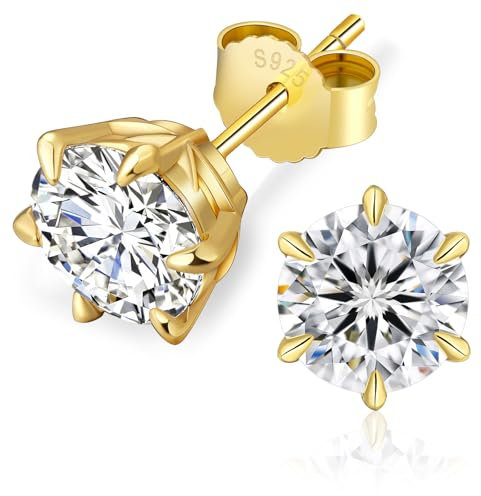KRKC Moissanite Ohrringe für Damen, S925 Silber Diamant Ohrstecker 6-Krappen, 14K Gold vergoldet VVS1 D Farbe, 1 Karat Nickelfrei Rund Ohrschmuck