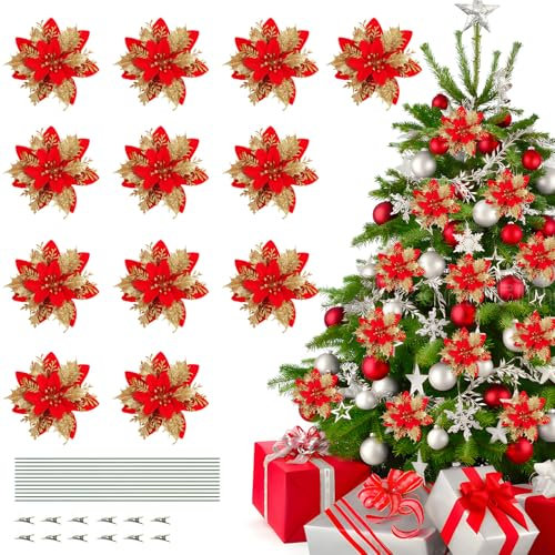 Jemmytu Flores Navidad Artificiales, 12 Pcs Flor de Pascua Artificial Navidad, con Clips y Tallos para Decoración de Coronas de Boda, Decoraciones para árboles de Navidad