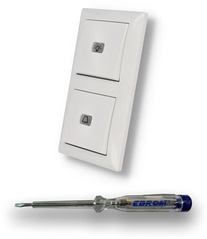 Busch Jäger Klingel & Lichtschalter Set, Glocken & Klingel Symbol, Taster permanent beleuchtet Typ 2020 USGL + Wippen mit Rahmen in Balance Si alpinweiß + EBROM Phasenprüfer zur Montage der Geräte