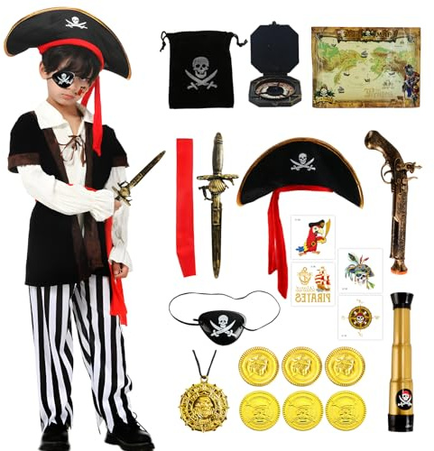 Kitimi Deguisement Pirate Enfant, Costume Pirate Enfant avec Cache-Oeil Compass, Déguisement Pirate pour Carnaval Halloween Cosplay Décoration