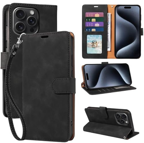 GOTOURED for iPhone 15 Pro Max Phone Case Wallet, RFID Blocking 4 Card Slots, Wrist Strap, Kickstand, Magnetic Closure, Shockproof Protective Soft Leather Flip Cover (Black)