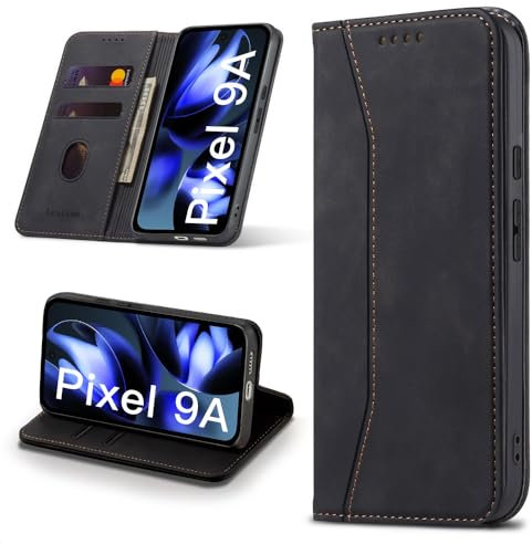 Leaisan Handyhülle für Google Pixel 9A Hülle Premium Leder Flip Klappbare Stoßfeste Magnetische [Standfunktion] [Kartenfächern] Schutzhülle für Google Pixel 9A 5G Tasche - Schwarz