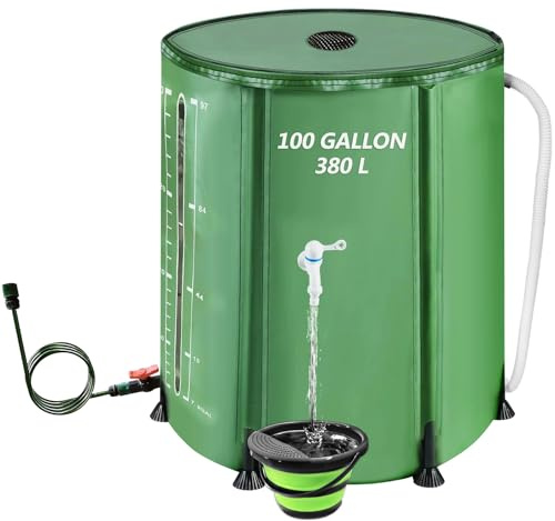 Iriisy 100 Gallonen Faltbares Regentonne 380L Wasserspeicher Tank mit Skalenmarkierung für Gartenpflanzenbewässerung Bauernhofbewässerung XL Regenwassersammelsystem mit Zapfen Überlauf-Kit Schläuche