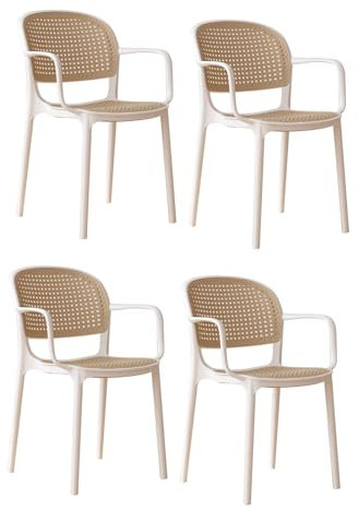 Outdoor Stackable Dining Chairs Set of 4 with Armrests White Plastic Imitation Rattan Patio Kitchen Event Chairs