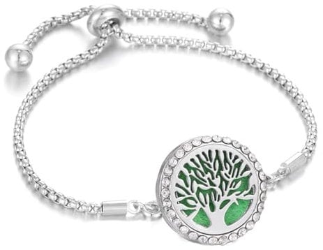 BlingNuts Tree of Life Essential Oil Diffuser Bracelet Stainless Steel Family Tree CZ Aromatherapy Locket Scent Bracelet with 10 Refill Pads