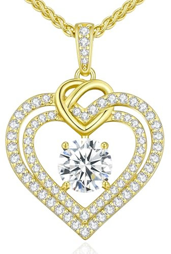 CDE Kette Damen Moissanite Halskette Damen Silber 925, Doppel Herz VVS1 Reinheit D Farbe, Frauen Schmuck Geburtstags Geschenk für Sie Freundin Weihnachten Valentinstag Muttertags (1.5 Karat 14K)