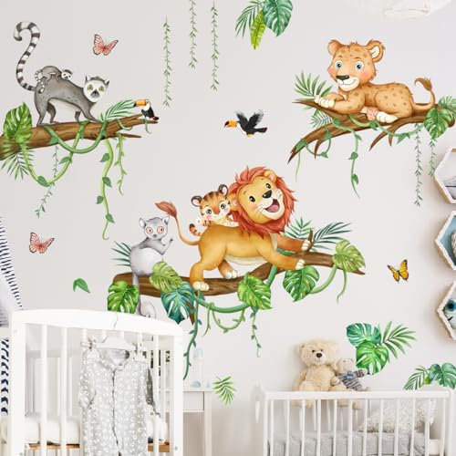 SHUCHING Wandtattoo Dschungel Tiere Baum Zweig, Wandaufkleber Löwe Leopard Affe, Selbstklebend Wandsticker für Spielzimmer Kinderzimmer Babyzimmer