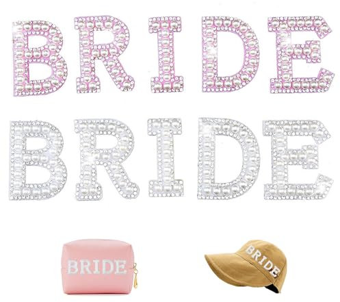 10 Pcs Bride English Letter Sew On Patches, Letter Sew On Patches, Bride Rhinestone Iron On Patches, for Clothing Hats Shoes DIY Craft Supplies (White, Pink)
