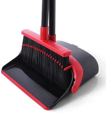 Yocada Besen und Kehrschaufel Set Rot-Schwarz Stand-Kehrschaufel für Innen und Außenbereich mit Kamm Verstellbarer Handhabe für Zuhause Küche Zimmer Büro Lobby Boden Tierhaare Müll