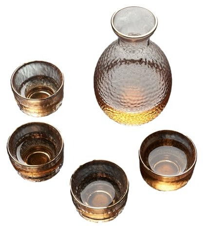 Japanischer Weinkrug aus Glas, Hammermuster, Baijiu-Tasse mit Goldrand, 4 Becher mit Goldrand