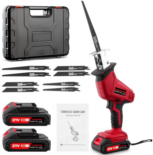 Worshow Reciprocating Saw, 0-4000 RPM Variable Speed Reciprocating Saws, 21V Cordless Wood Saw Electric, Electric Saws to Cut Metal, for PVC Cutting with 2 Batteries, 8 Sawing Blades (Red)