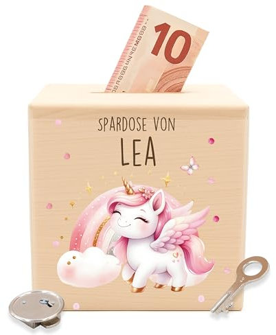KIDSMOOD - Spardose Kinder mit Schlüssel | Personalisierte Spardose Holz mit schadstofffreiem Druck | Sparschwein Kinder, Sparbox zum Geldsparen als Kinder Geschenke für Mädchen & Jungen [10x10 cm]