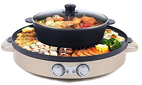 2 in 1 Hotpot und Raclette grill, Hot Pot Elektrischer, Heizelement aus Edelstahl, Korean BBQ Grill, Antihaft-Beschichtung, Hotpot Pot für Simmer, Kochen, Braten (Gold)
