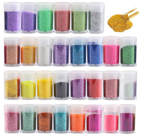 30 Farben Feiner Glitzer zum Basteln, Fläschchen Glitter Glitzerpulver | Schillerndes, für Gesicht Make-Up Nail Kerze Epoxidharz Handwerk