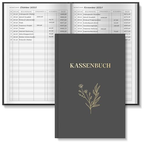 BIROYAL Kassenbuch A5, Übersichtlich & Logisch Strukturiert, Grau | 120 Seiten Haushaltsbuch mit 120g Stabiles Papier, Ausreichend Platz für Einnahmen & Ausgaben, Ideal für Kleinunternehmer