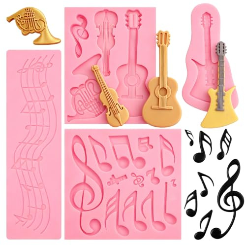Schokoladenform Gitarrenform, Musiknoten, Violinen, 4er-Set | Spitzenunterlage mit Notenmotiv, Saxophon – Ideal für Partys zum Thema Musik und als Tortendekoration