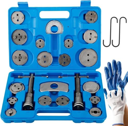 FreeTec 24-tlg. Bremssattel-Werkzeugsatz - Bremskolben Rücksteller Set mit Rechts- & Linksgewinde Spindeln, 18 Adaptern, 2 Bremsaufhängern, Koffer & Handschuhen - Bremskolbenrücksteller