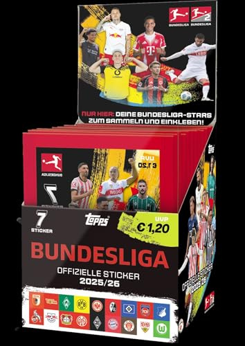Topps Bundesliga Sticker 2025/26 - Display mit 50 Tüten Packs Fussball Saison 2026 und BB-Toy-Trades Toploader