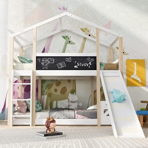 Solisburne Kinderbett 90×200, Baumhaus Hochbett mit Rutsche und Leiter, Etagenbett mit 2X Lattenrost, Spielbett aus Holz für Kinderzimmer, Natur & Weiß, Ohne Matratze