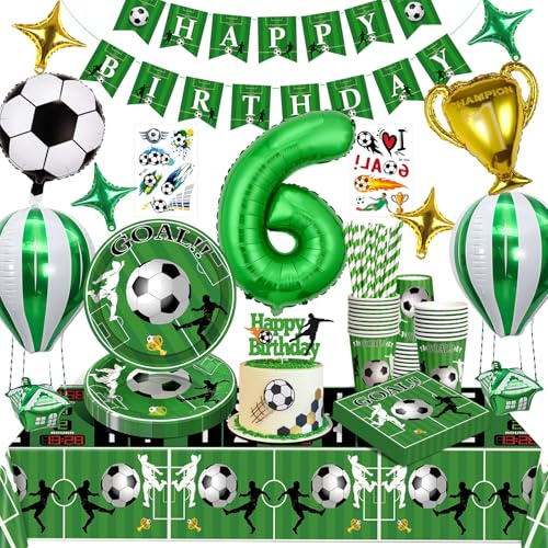 Fussball Deko Geburtstag 6 Jahre Kinder,Fußball Deko Geburtstagsdeko 6 Jungen,Fußball Geburtstag Partygeschirr Set,Fußball Luftballons Pappteller Tischdecke für Party Kindergeburtstag