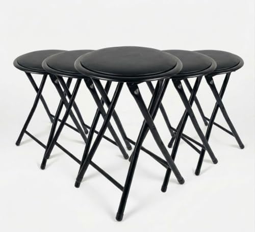 SuperGift.com 5x Black Round Compact Padded Folding Stool Chair For Breakfast, Office Stool, Folding Kitchen Stool, Desk Stool, Foldable Bar Stools