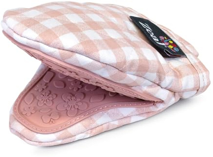 Zeal Silicone Mini Mitt Pot Holder Gingham, Cotton,17.5 x 13.5 x 2.5 cm - Dug Egg Blue, Red, Lime, Cream and sage Green (Rose Pink)