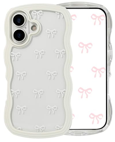 Riccase for iPhone 16 Case Bow Curly Wave Frame Phone Case, Shockproof Clear Soft Transparent Silicone Protective Bumper Cover for Women Girls, White