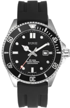 BUREI Montre de plongée pour Homme - Étanche jusqu'à 200 m - Quartz analogique - en Acier Inoxydable - Tendance - Classique - pour Le Travail et Les Affaires - avec Date Automatique, Noir