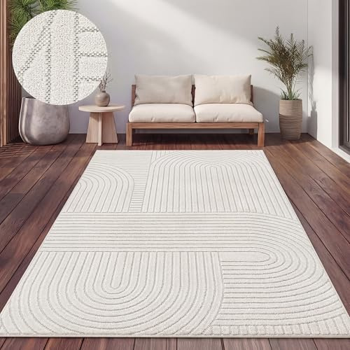 Paco Home Teppich Outdoor Wetterfest, Moderne abstrakte Boho Designs mit 3D Struktur, Pflegeleicht, ideal für Terrasse Wohnzimmer & Küche, Grösse:160x220 cm, Farbe:Creme 8