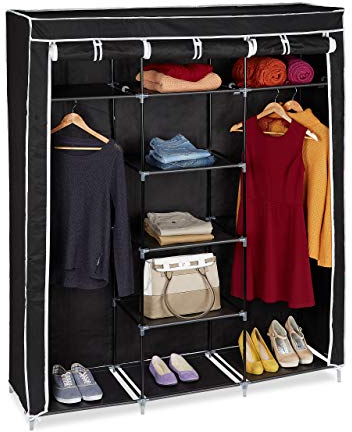 Relaxdays Stoffkleiderschrank, 9 Fächer, 2 Kleiderstangen, HBT: 173 x 148 x 43 cm, Camping, Keller, Faltschrank, schwarz, Stoff, H x B x T: ca, 10019122-46