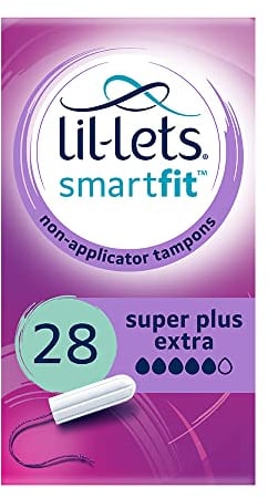 Lil-Lets Super Plus Extra Tampons ohne Applikator, 28 Stück (1 Packung), für sehr starken Durchfluss, 5 Tröpfchen, pflanzlich, SmartFit Non-App-Tampon