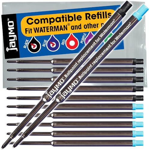 Jaymo Replacement for Waterman 834254/834264 - Measures 4.4 in / 112 mm Long - Ballpoint Pen Refill - 6 Black + 6 Blue