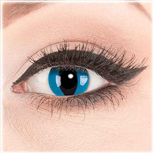 Farbige Kontaktlinsen zu Fasching Karneval Halloween 1 Paar Crazy Fun blaue 'Mystic Cat' mit Kombilösung (60ml) + Behälter in Topqualität von 'Glamlens' ohne Stärke