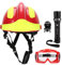 Casco de protección, Casco de Seguridad para Rescate Profesional, Casco antiincendio, antigolpes, Casco con Linterna Frontal y Gafas (Rojo)