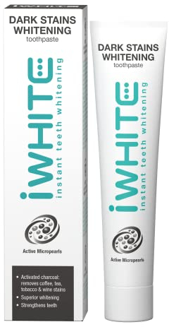iWhite Dark Stains Whitening Toothpaste – Activated Charcoal & Micropearls for Stain Removal – Gently Whitens Teeth & Restores Enamel – 75ml