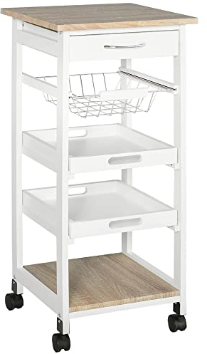 HOMCOM Carrello da Cucina Salvaspazio in legno Bianco: 1 cassetto, 1 cestello, 2 Vassoi e 4 Ruote, 37 x 37 x 82cm
