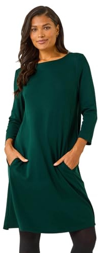 Roman Originals Tunic Dress with Pockets for Women UK Ladies Swing Fit & Flare Skater Slouch Stretchy Casual Smart Winter Jersey Pull On Work Office 3/4 Long Sleeves - Forest Green - Size 20