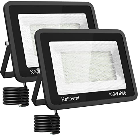 KELINVMI 100W LED Strahler Außen, 10000lm LED Flutlicht Außenleuchte, 4200K Warmweiß IP66 Wasserdicht Außenbeleuchtung für Garten, Garage, Haus, Hof, 50cm Drähte ohne Stecker, 2-Packung.