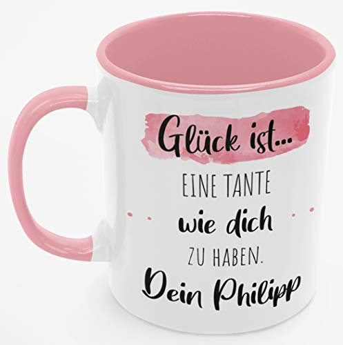 Personalisierte Kaffee-Tasse (Glück ist...) mit eigenen Wunschname. Für die Beste Freundin, Opa, Oma, Mama, Papa. Schönes Geschenk oder kleine Aufmerksamkeit | Muttertag (Beste Tante #2, Rosa/Rosa)