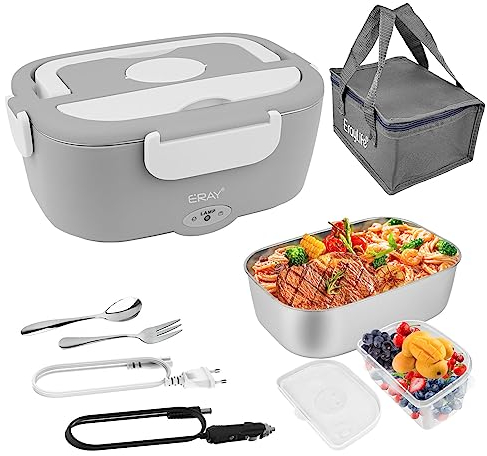 ErayLife Gamelle Chauffante 80W, Lunch Box Chauffante Electrique 12V/ 24V/ 220V, Gamelle à Lunch 304 Acier Lnoxydable 1.5L Anti-Fuite, Boîte à Lunch Chauffante Pour Maison, Gris