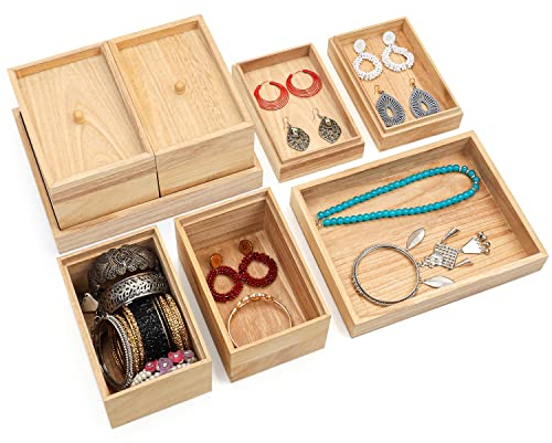 BELLE VOUS Schmuckkästchen Holz Box mit 5 Fächern - 22 x 17 x 11,5 cm - Aufbewahrungs- & Sortierbox Holz Schmuckkasten für Damen - Schmuckkästchen Ohrringe, Halsketten, Armbänder & Ring Box