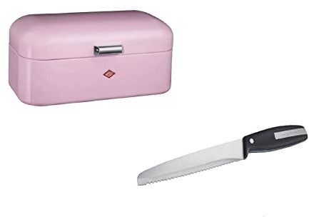 Wesco Set aus 1x Grandy Brotkasten in der Farbe Rosa aus hochwertigem Stahlblech pulverbeschichtet und 1x Brotmesser mit Edelstahlklinge im Wellenschliff