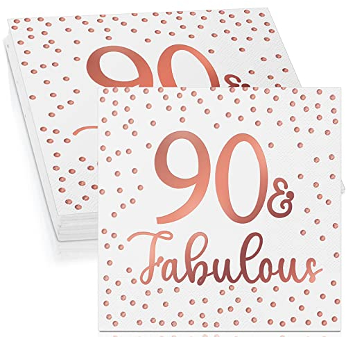 Tenare 40 Stück Servietten zum 60. 80. 90. Geburtstag Glitzer Cocktail Fabulous Papierservietten Einweg Party Servietten Set für Geburtstagsdeko Tischdeko, 3 Lagig(90,Weiß und Rosegold)