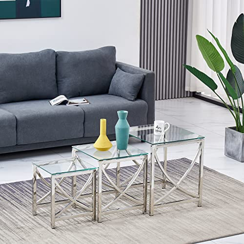 AINPECCA Satztisch 3er Set Couchtisch Beistelltisch aus Edelstahlgestell und Hartglas für Wohnzimmer modernes Design Sofatisch (silbern A, transparentes Glas)